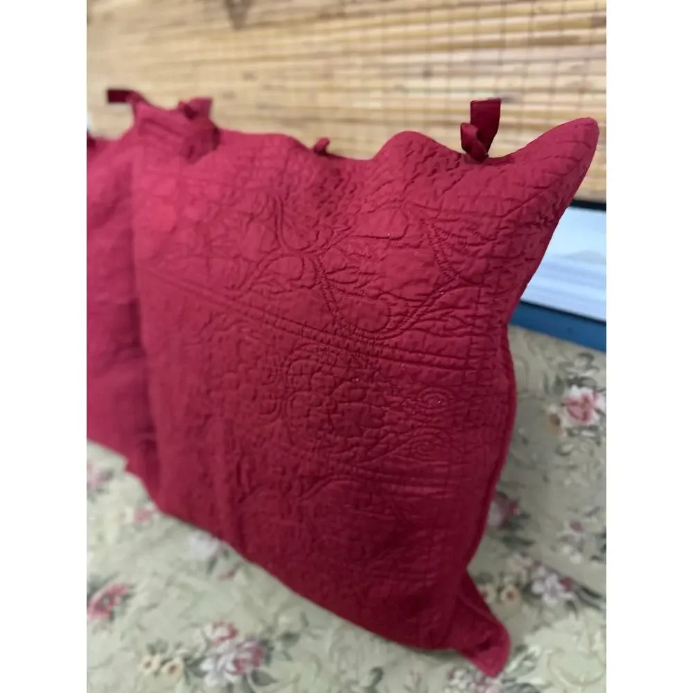 Pottery Barn Pic Stitch Linen Blend Euro Shams Ruby Red Medalian Style Set Of 2